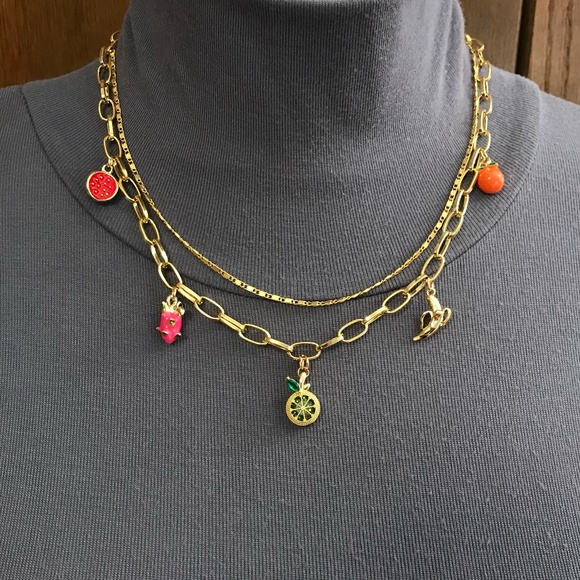 "Fruit Stand" Handmade 2-Layer Gold Charm Necklace with Tropical Fruit Charms - Picture 5 of 15
